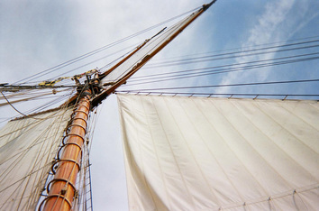 Pride of Baltimore II's canvas wings spread on the wind